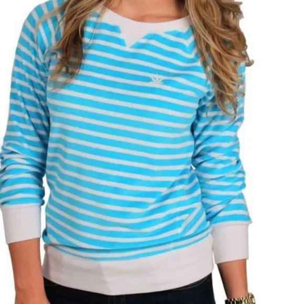 NEW Minnie Mortimer X Boast USA Terry Cloth Sweatshirt Aqua Blue & White Stripes